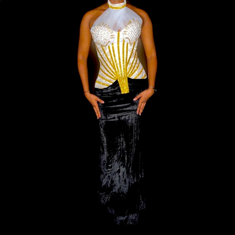 White, black, gold Egyptian theme prom dress